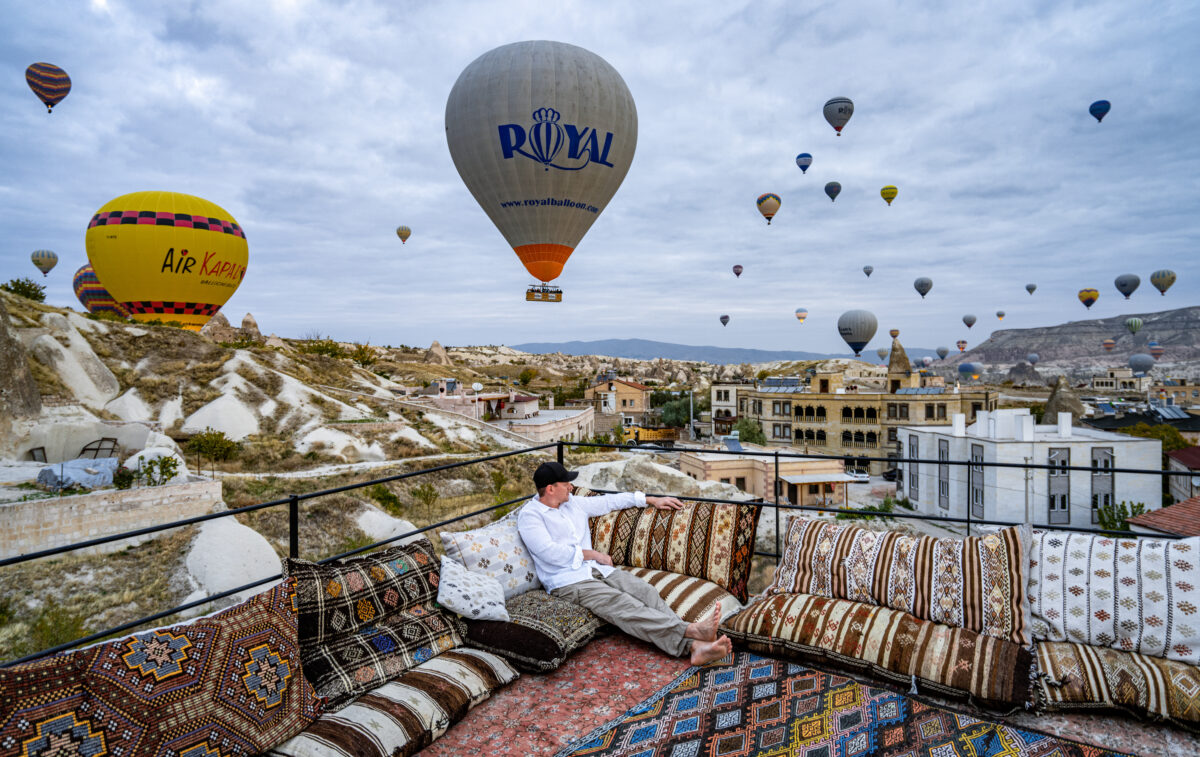 Cappadocia hot air balloon rooftop.