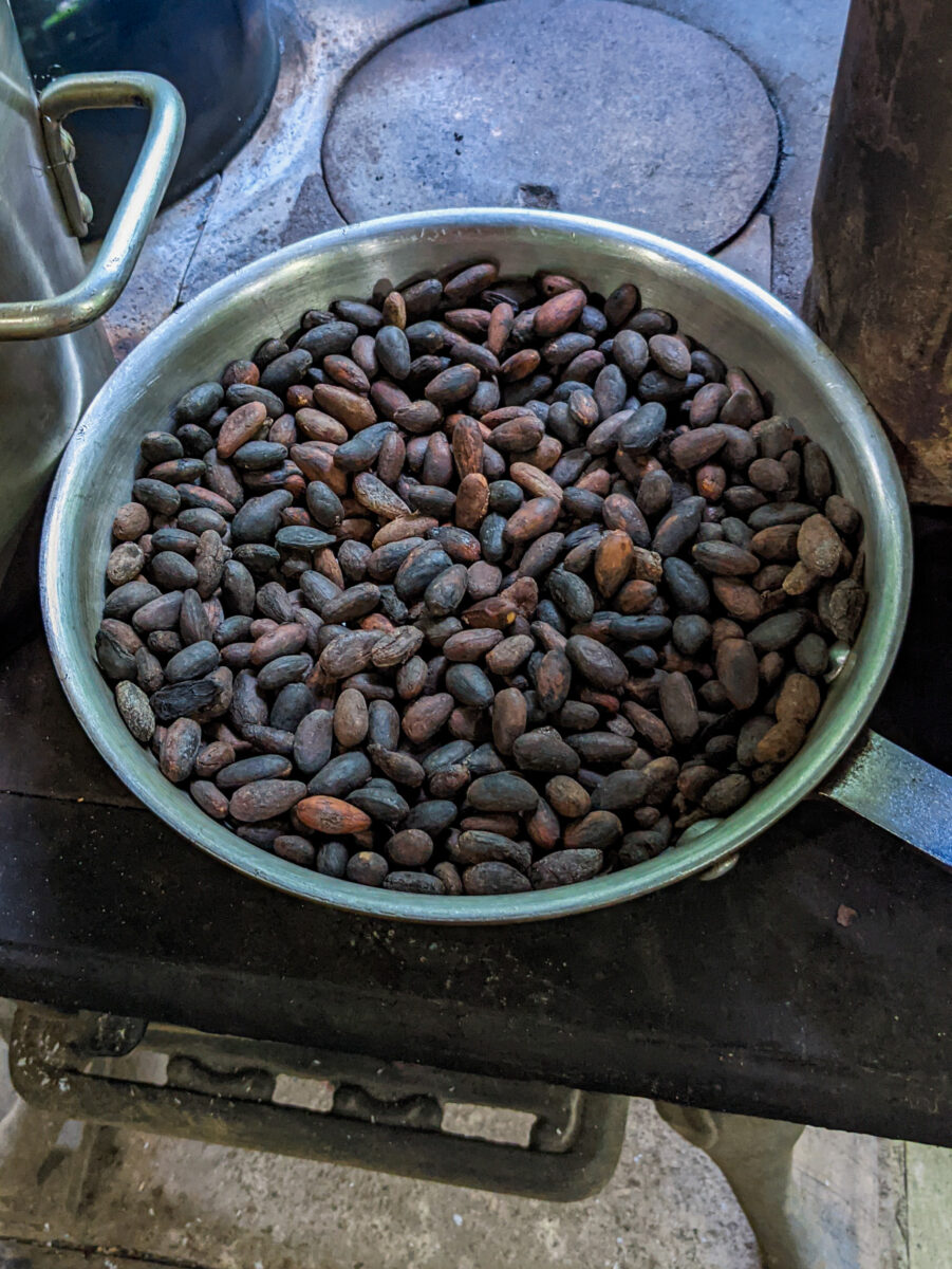 Fire roasted cacao beans for making chocolate.
